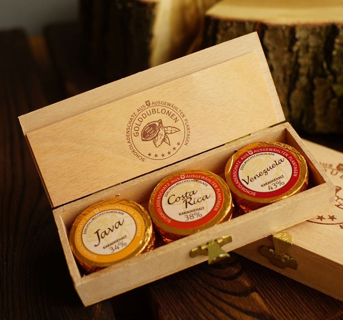 Dreimeister Golddublonen in Holzbox 6er | Die Rösterei Coffeum